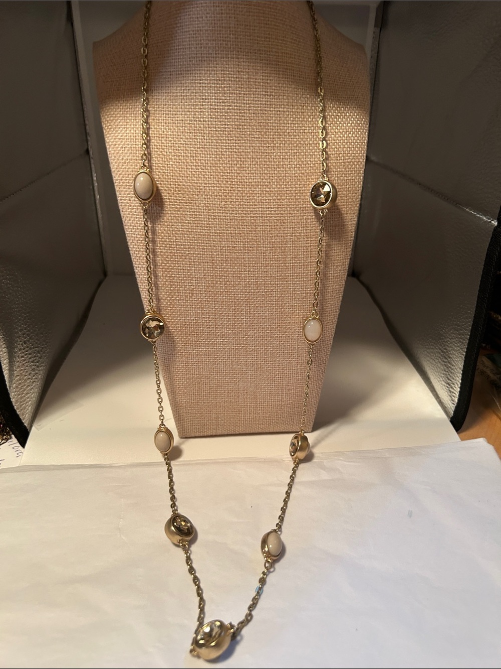 Bezel set cabochons gold tone necklace opaque champagne topaz colored boho chic